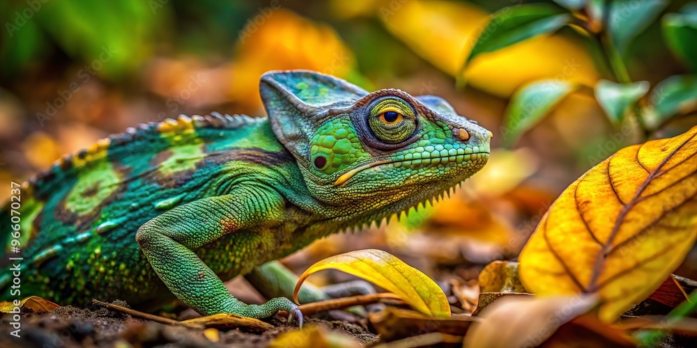 A masterful blend of nature's artistry, a chameleon's body seamlessly merges with the forest floor, leaves and twigs A masterful blend of nature's artistry, a chameleon's body seamlessly merges with the forest floor, leaves and twigs