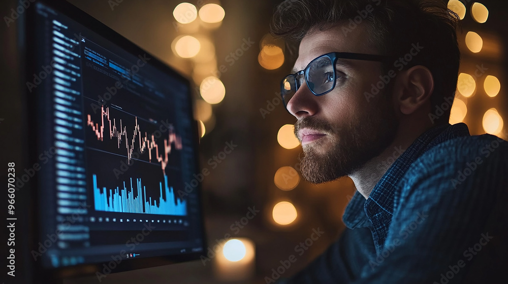 Businessman analyzing market trends on a computer modern portrait stock graph background investment planning Businessman analyzing market trends on a computer modern portrait stock graph background investment planning