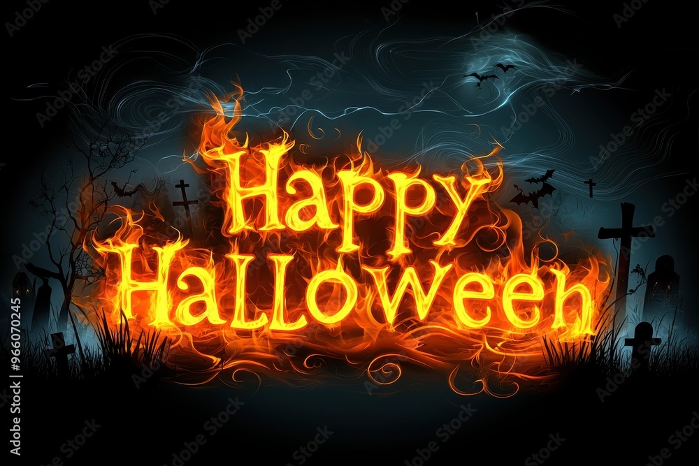 Spooky Happy Halloween text with fiery lettering over dark haunted house background Spooky Happy Halloween text with fiery lettering over dark haunted house background