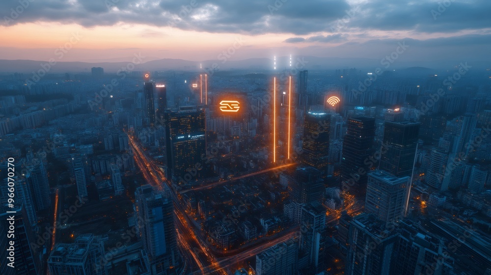 custom made wallpaper toronto digitalAn aerial view of a city at dusk, with skyscrapers and glowing lights in the streets.