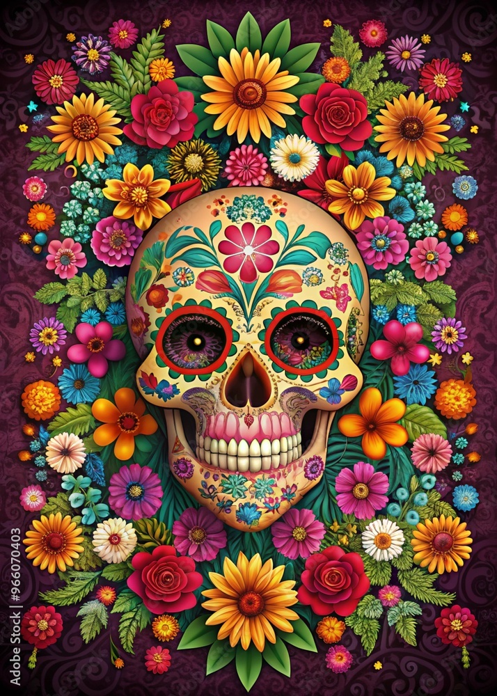 Vibrant Day of the Dead Background Featuring a Skull Design and Floral Elements for Celebratory Use Vibrant Day of the Dead Background Featuring a Skull Design and Floral Elements for Celebratory Use