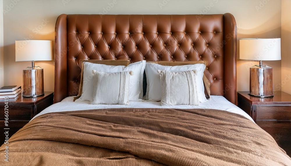 A luxurious brown leather headboard with tufted detailing, featuring white pillows and a tan bedspread. A luxurious brown leather headboard with tufted detailing, featuring white pillows and a tan bedspread.