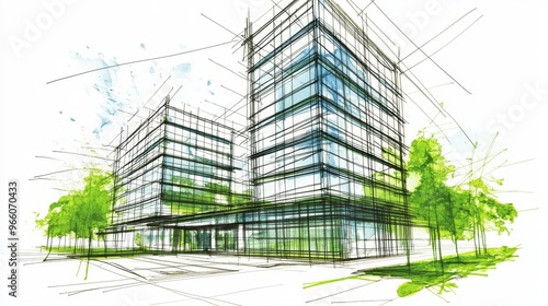 An eco-friendly and sustainable green building concept sketch.