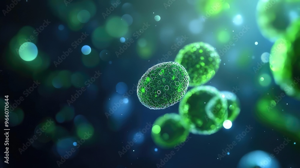 Close-up of vibrant green microorganisms in a dynamic background ...