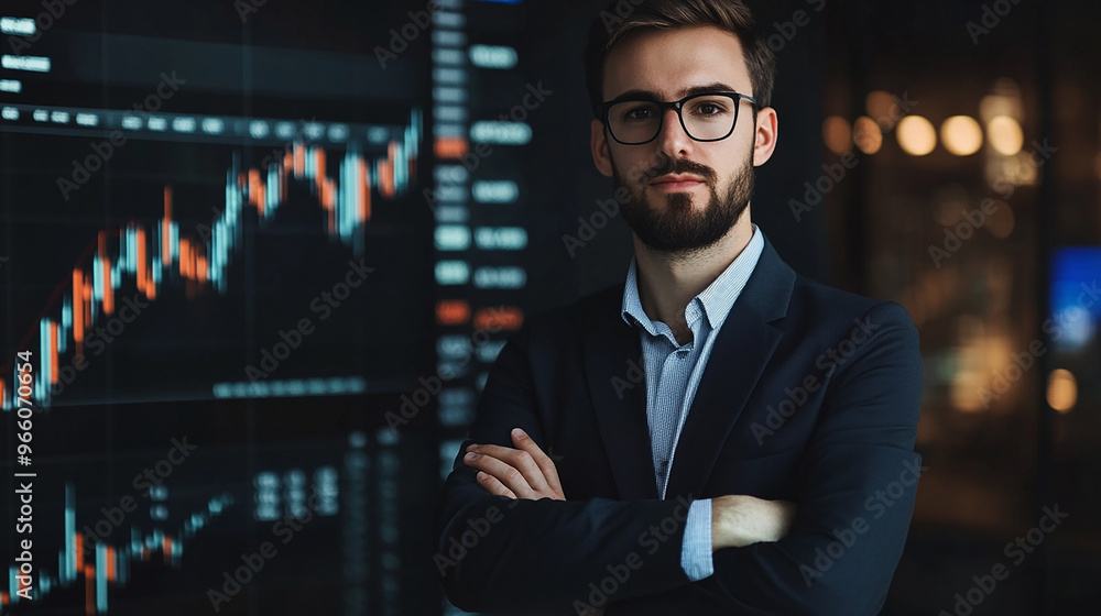 Businessman with arms crossed in front of a stock market graph modern portrait investment background analysis Businessman with arms crossed in front of a stock market graph modern portrait investment background analysis