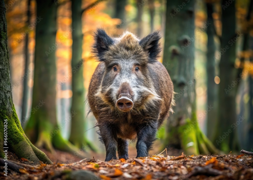 Ferocious Wild Boar With Sharp Tusks Visible In A Dark, Dense Forest Environment Ferocious Wild Boar With Sharp Tusks Visible In A Dark, Dense Forest Environment