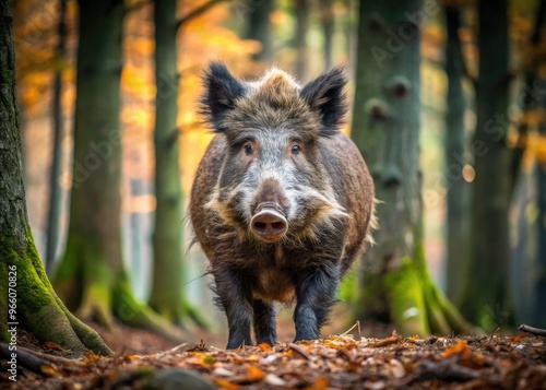 Ferocious Wild Boar With Sharp Tusks Visible In A Dark, Dense Forest Environment