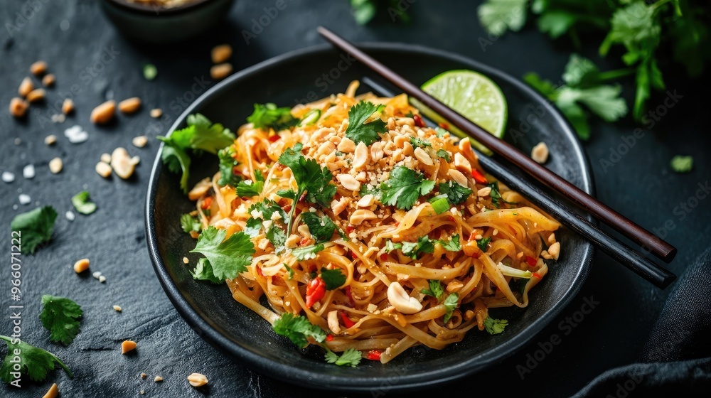 Close-up of a delicious Pad Thai noodle dish, garnished with crushed peanuts, lime wedges, and fresh cilantro, with chopsticks resting on the plate Close-up of a delicious Pad Thai noodle dish, garnished with crushed peanuts, lime wedges, and fresh cilantro, with chopsticks resting on the plate
