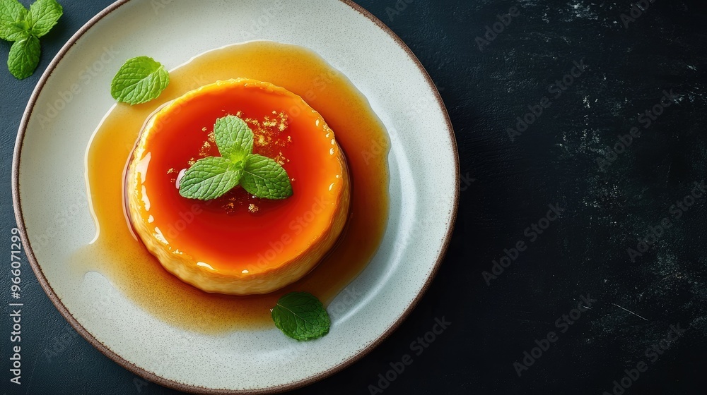 Flat lay of a homemade flan with golden caramel sauce, garnished with fresh mint leaves on a ceramic plate. A delightful and elegant dessert scene Flat lay of a homemade flan with golden caramel sauce, garnished with fresh mint leaves on a ceramic plate. A delightful and elegant dessert scene