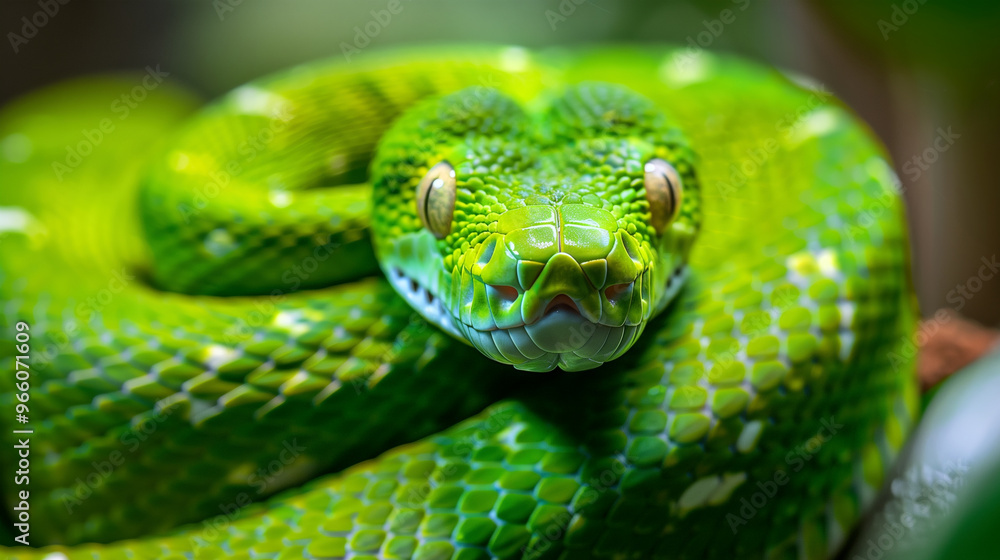 The green snake curled up into a ball in close-up. A venomous tree snake. Selective sharpness on the animal's nose. Snake Scales. The Year of the Snake The green snake curled up into a ball in close-up. A venomous tree snake. Selective sharpness on the animal's nose. Snake Scales. The Year of the Snake
