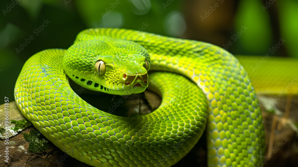 A green snake curled into a ball on a tree branch. A venomous snake in close-up. Snake hunting. The scales of a snake. The Year of the Snake