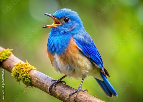 Furious small blue bird with fluffed feathers and beak agape, perched on a twig, radiates intense anger and frustration in a vibrant natural setting.