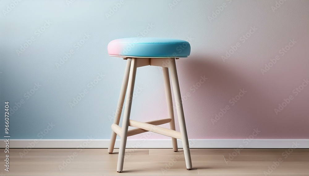 A modern, minimalist bar stool with a light blue and pink seat and wooden legs. A modern, minimalist bar stool with a light blue and pink seat and wooden legs.