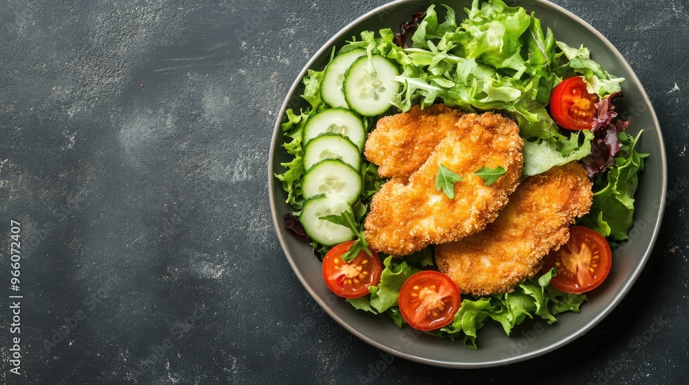 Flat lay photo of a juicy chicken schnitzel and a fresh salad with tomatoes, cucumbers, and greens on a plate over a dark surface. Ideal for food blogs and menus Flat lay photo of a juicy chicken schnitzel and a fresh salad with tomatoes, cucumbers, and greens on a plate over a dark surface. Ideal for food blogs and menus