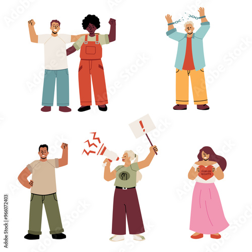 Human rights fight, equality vector flat set, breaks the chain, agitation protesting, multicultural people demonstration