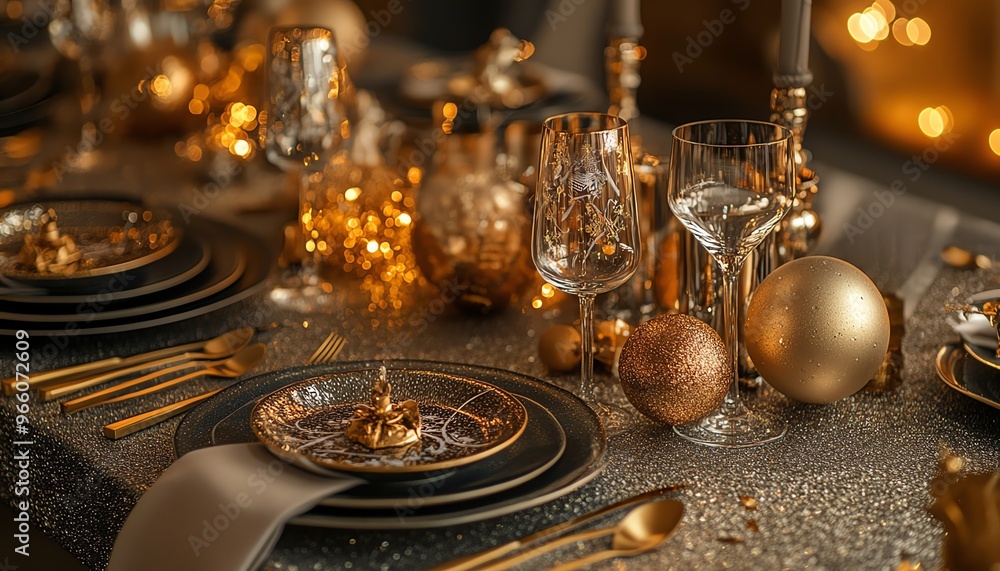 Elegant Table Setting with Gold Accents and Sparkling Lights Elegant Table Setting with Gold Accents and Sparkling Lights