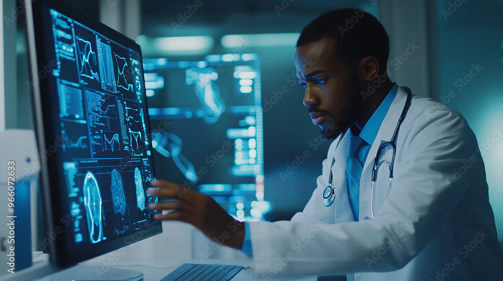 Doctor use computer AI technology support to predict potential health issues early, improving preventative care and optimizing treatment plans for better patient outcomes. Doctor use computer AI technology support to predict potential health issues early, improving preventative care and optimizing treatment plans for better patient outcomes.