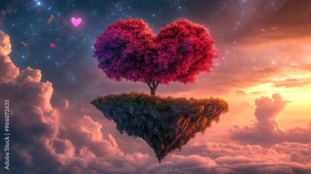 Floating island with a vibrant heart-shaped tree in full bloom, suspended in the air with a backdrop of a dramatic sunset sky and distant stars Floating island with a vibrant heart-shaped tree in full bloom, suspended in the air with a backdrop of a dramatic sunset sky and distant stars