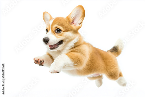 Cute corgi puppy isolated on white background, Jump puppy isolated on white background, Jump posture baby dog with short leg for advertisement commercial.