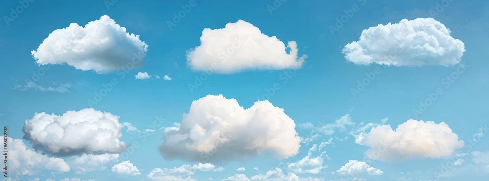 White clouds set. A collection of realistic clouds in 3D. Cumulus clouds design elements on a transparent background.