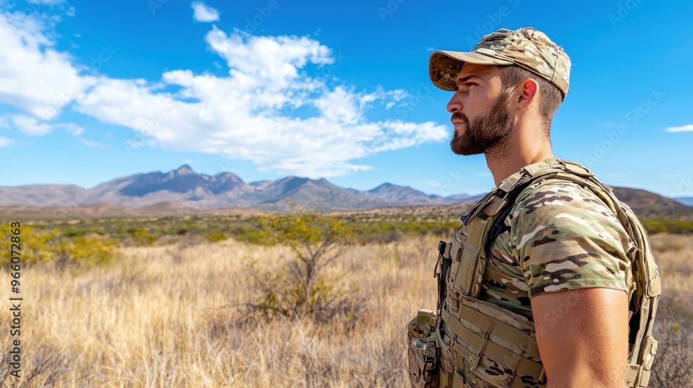 Elite Soldier on Covert Reconnaissance Mission in Arid Desert Landscape Elite Soldier on Covert Reconnaissance Mission in Arid Desert Landscape