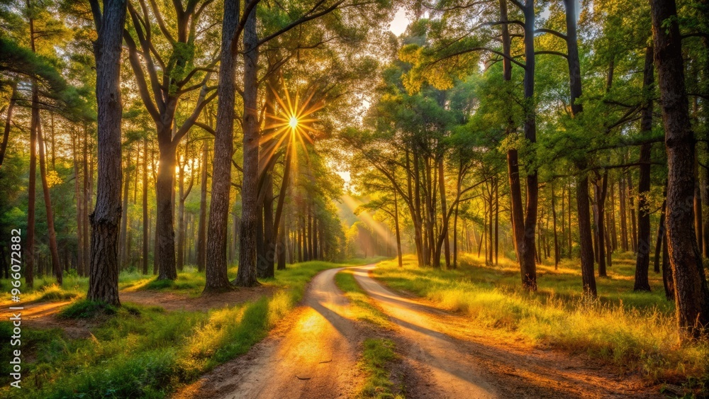 Fototapeta premium Golden Hour Sunlight Filters Through Tall Trees In An Oklahoma National Forest, Illuminating A Winding Dirt Path Leading Into The Distance.