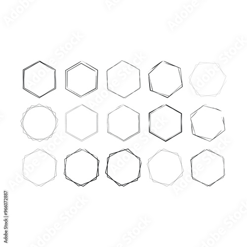 Hexagon grunge texture element frame border shape icon for decorative vintage doodle for design in vector illustration
