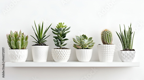 Collection of cactus or succulent plants different in pots, over white background ,Beautiful artificial plants decorations in white pots isolated on white background