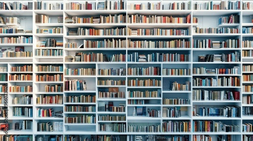 Full frame photo of a modern library's white shelves, densely packed with books, representing endless knowledge and information, bright and contemporary interior, Novosibirsk