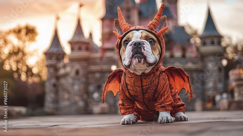 A playful dog dressed as a dragon in front of a whimsical castle, perfect for pet lovers and fantasy enthusiasts. photo