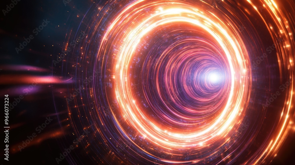 Glowing swirl light effect with a circular lens flare against a dark background, creating an abstract sci-fi element with luminous neon lines and a dynamic energy flow Glowing swirl light effect with a circular lens flare against a dark background, creating an abstract sci-fi element with luminous neon lines and a dynamic energy flow