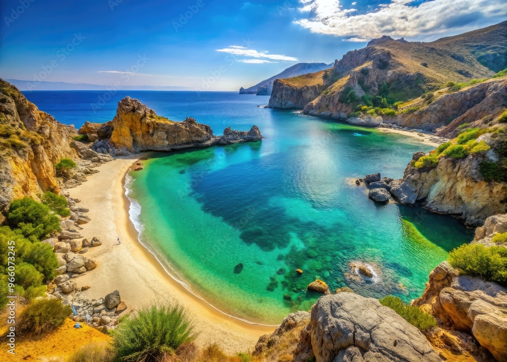Golden sand stretches along crystal-clear turquoise waters, surrounded by rugged cliffs and lush greenery, at serene Lygaria Beach in Crete, Greece. Golden sand stretches along crystal-clear turquoise waters, surrounded by rugged cliffs and lush greenery, at serene Lygaria Beach in Crete, Greece.