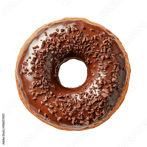 Chocolate donut isolated on a transparent background, top view. PNG file.