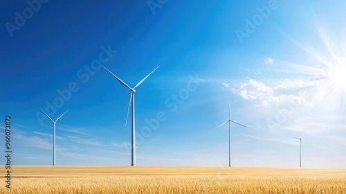 A serene landscape featuring tall wind turbines against a clear blue sky and golden wheat field, symbolizing renewable energy.