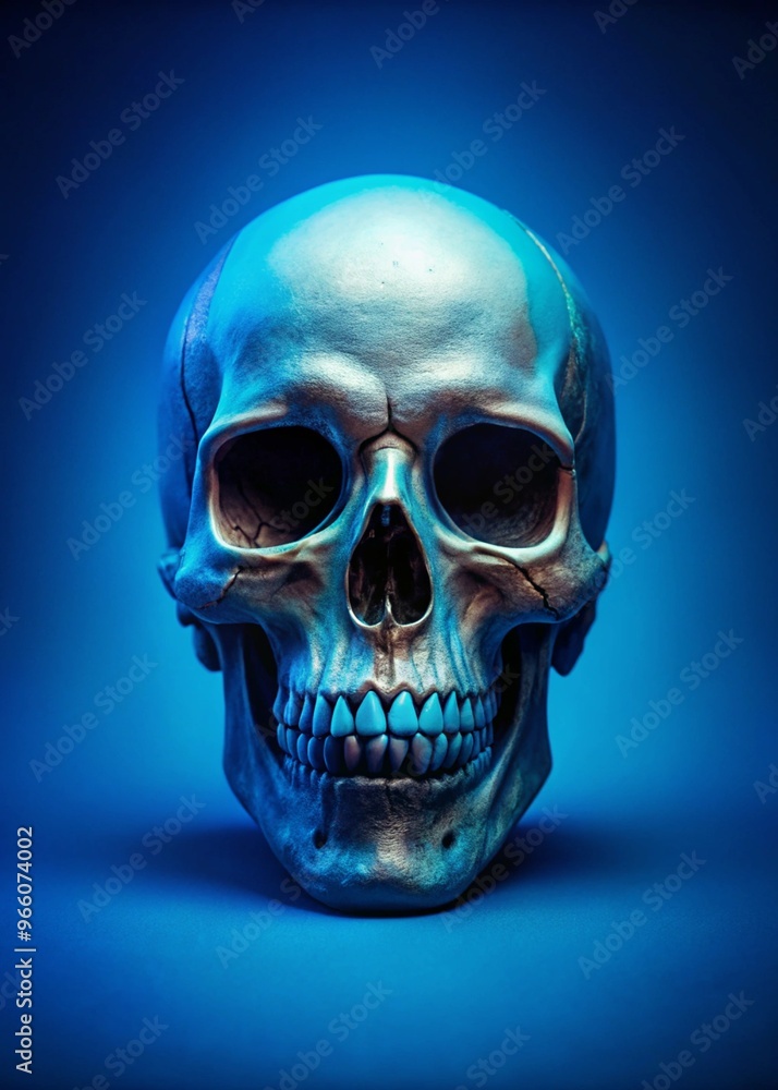 Spooky Halloween Skull on a Blue Background Perfect for Party Decorations and Invitations Spooky Halloween Skull on a Blue Background Perfect for Party Decorations and Invitations