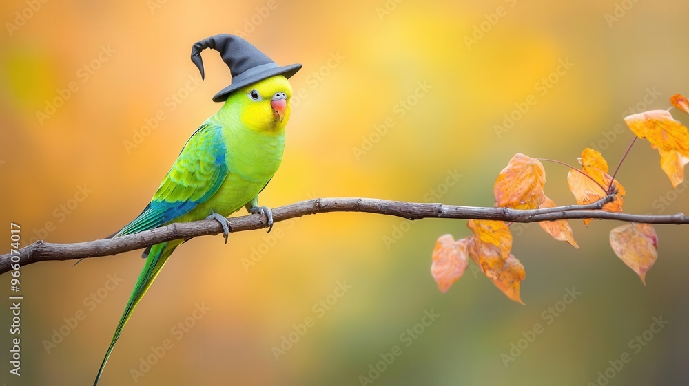 A whimsical green parakeet wearing a tiny witch hat, perched on a branch surrounded by autumn leaves, evoking a playful spirit. A whimsical green parakeet wearing a tiny witch hat, perched on a branch surrounded by autumn leaves, evoking a playful spirit.