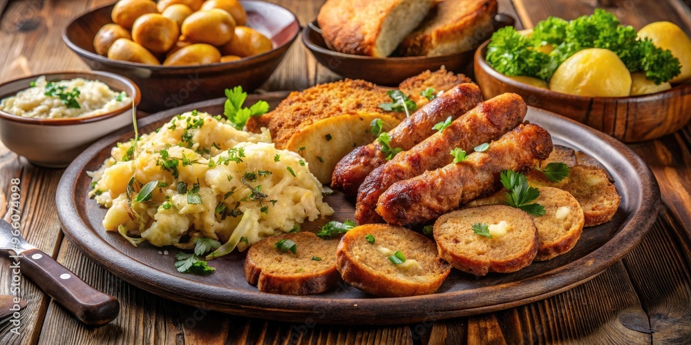 Hearty platter of traditional German delicacies, including savory sausages, crispy schnitzel, sauerkraut, and potatoes, garnished with fresh parsley and served with a side of dark bread. Hearty platter of traditional German delicacies, including savory sausages, crispy schnitzel, sauerkraut, and potatoes, garnished with fresh parsley and served with a side of dark bread.