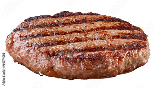 grilled hamburger meat isolated on white background, full depth of field 