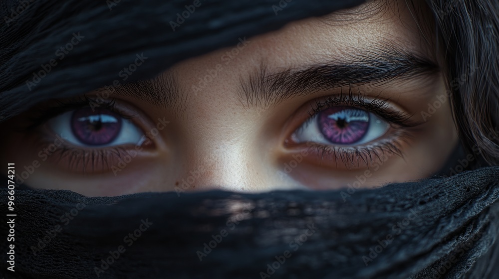 Closeup of the violet eyes of a girl with her face wrapped in a black scarf generative ai Closeup of the violet eyes of a girl with her face wrapped in a black scarf generative ai