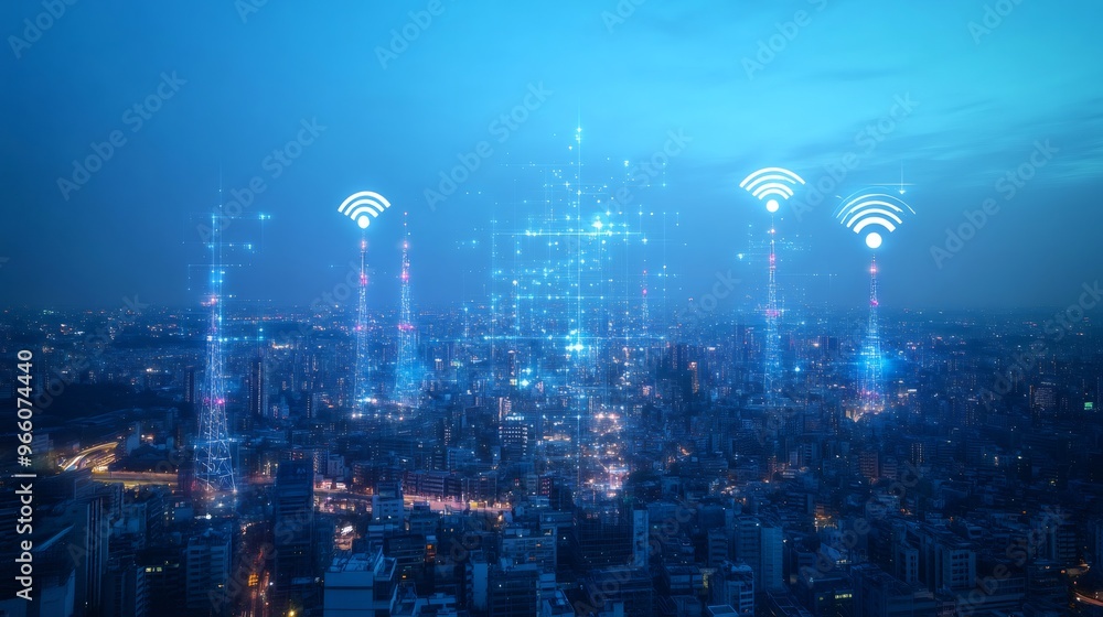 Cityscape at night with glowing wifi symbols in the sky. Cityscape at night with glowing wifi symbols in the sky.