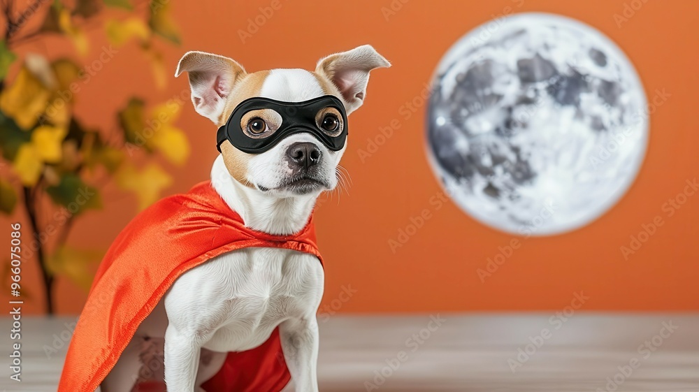 A playful dog dressed as a superhero, complete with a cape and mask, set against a vibrant orange background with a full moon. A playful dog dressed as a superhero, complete with a cape and mask, set against a vibrant orange background with a full moon.