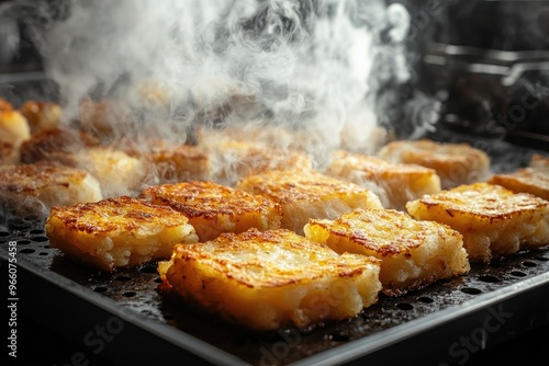 Golden hash browns being flipped on an industrial griddle, with smoke rising and industrial kitchen equipment creating a bustling factory scene