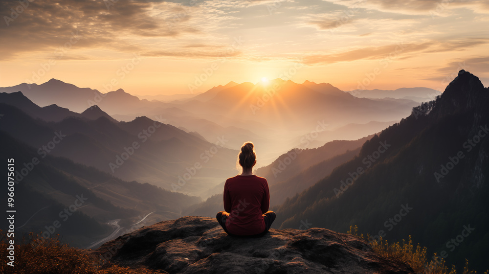 Meditating woman enjoying sunrise view over mountains and valleys Meditating woman enjoying sunrise view over mountains and valleys