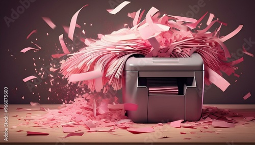A paper shredder overflowing with pink paper, with pieces flying out.