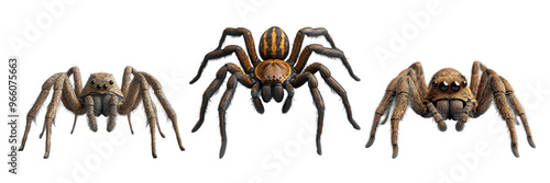 Realistic spiders with detailed legs and markings isolated on transparent background