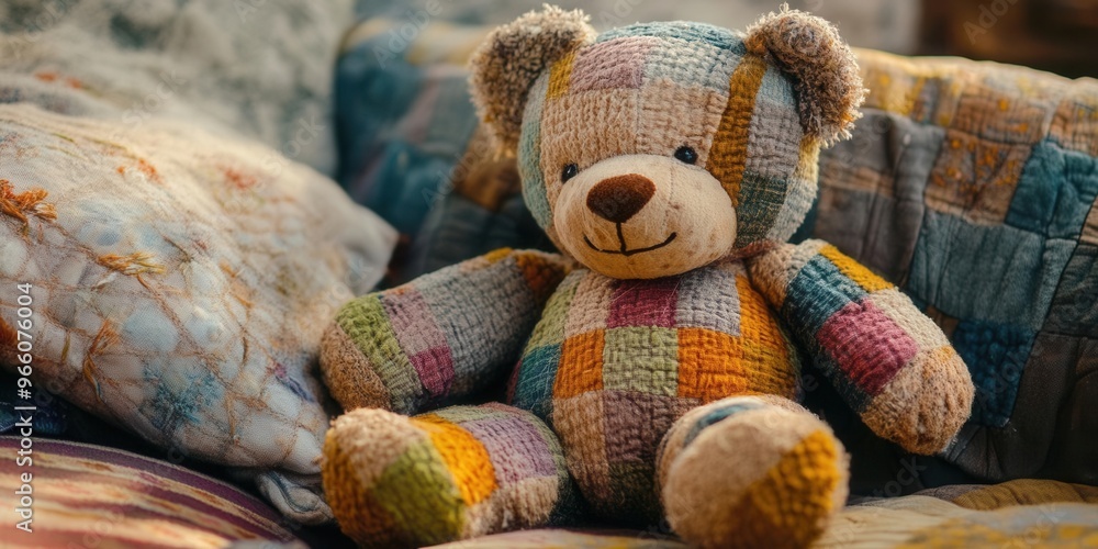 Teddy bear with a patchwork design and soft textures, teddy bear, comforting childhood toy Teddy bear with a patchwork design and soft textures, teddy bear, comforting childhood toy