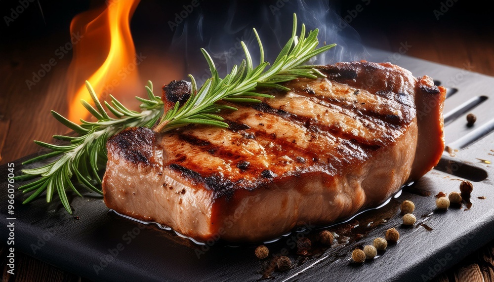A perfectly grilled pork chop with rosemary garnish. A perfectly grilled pork chop with rosemary garnish.