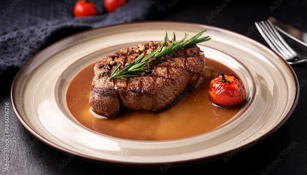 A perfectly grilled steak with rosemary and tomato garnish, served with a rich, savory sauce. A perfectly grilled steak with rosemary and tomato garnish, served with a rich, savory sauce.