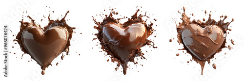 Chocolate splashing heart shapes isolated on transparent background