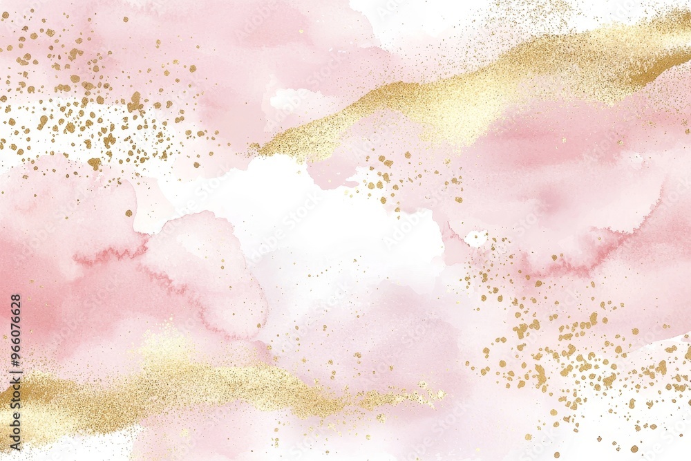 Obraz premium An abstract dusty blush liquid watercolor background with gold lines and stains. Pastel rose marble alcohol ink drawing effect with golden foil dust. Design for wedding invitations.